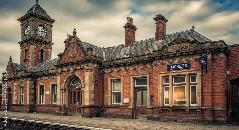 Fototapeta premium Historic brick railway station building features an old clock tower under a cloudy sky.