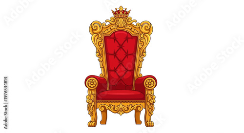 Ornate Royal Throne with Crown, Red Velvet and Gold Accents