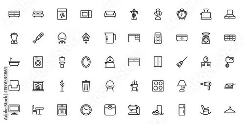 Household icon set. Vector collection of home appliance and furniture symbols. Includes drawer, bed, sofa, oven, fridge, clock, chair, desk, mirror, and more. Editable stroke.