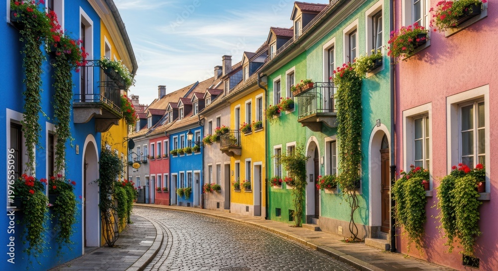 Fototapeta premium Narrow cobblestone street features colorful buildings adorned with lush hanging flower baskets.