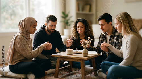 Diverse group of friends praying together around a table, fostering community and faith.