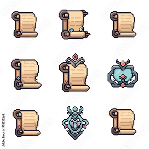 Obraz na plátně This set of nine pixel art icons features various fantasy-themed scrolls and magical artifacts, perfect for use in RPG video game interfaces
