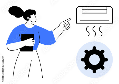 Air conditioning concept. Woman interacting with air conditioning system displaying heating mode. Air conditioning helps regulate temperature indoors. For HVAC, home improvement, and smart tech