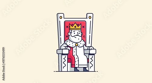 Cartoon King Sitting on Throne, Royal Crown, Regal Robe, Isolated on Light Background