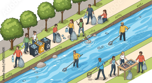 Isometric 3D illustration depicting a community cleanup event with people collecting trash in a park alongside a river on Earth Day, showcasing a collaborative eco-friendly effort