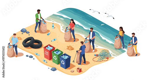 Isometric 3D illustration featuring people participating in a community Earth Day cleanup at a park and beach area near a river, collecting trash in bags in a bright, eco-conscious design