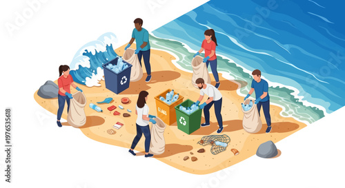 Isometric 3D illustration shows a diverse group of people participating in an Earth Day cleanup at a beach, collecting trash and recyclables in a park, with a vibrant color palette