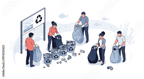 Isometric 3D illustration featuring a community earth day cleanup event, where people collect trash near recycling bins in a park, with a clean, bright design and a focus on environmental