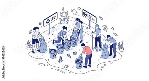 Isometric 3D illustration shows a diverse group of people participating in a community cleanup at a park river scene, collecting trash and recyclables as part of an Earth Day event