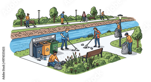 Isometric 3D illustration showing people participating in a community cleanup in a park near a river, picking up trash and recycling, in a bright and colorful design with a positive