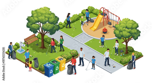 Isometric 3D illustration shows people cleaning a park in an Earth Day community cleanup, with characters picking up trash near trees, a playground, and recycling bins, rendered