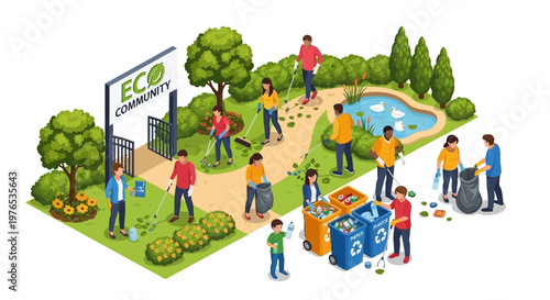 Isometric 3D illustration showing people participating in a community cleanup event in a park on Earth Day, picking up trash and recycling, with a small pond and lush green trees