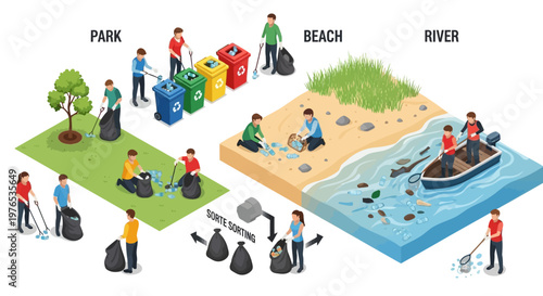 Isometric 3D illustration showing people participating in a community cleanup, gathering trash in a park, on a beach, and along a riverbank, with recycling bins and bags, rendered