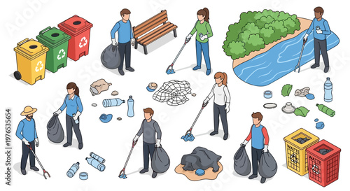 Isometric 3D illustration of people cleaning up a park river scene with a long reach grabber and trash bags, collecting garbage and litter around the riverbank in an earth day community
