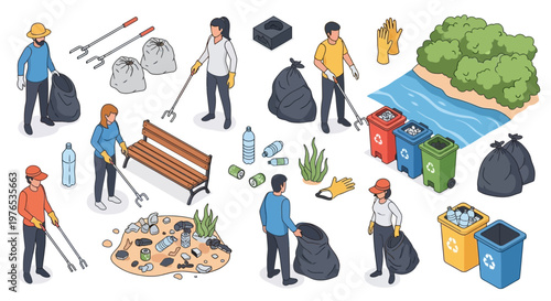 Isometric 3D illustration depicting people participating in a community cleanup near a river and park, gathering trash into bags, with recycling bins present in a bright, eco-conscious