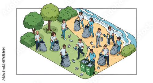 Isometric 3D illustration of a community cleanup event in a park and beach area, showing people collecting trash into bags and recycling bins, set against a bright, earth-friendly green