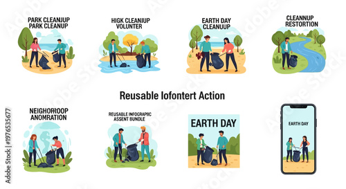 Isometric vector illustrations depict people participating in a community cleanup, collecting trash in parks and near rivers on Earth Day, designed in a bright, eco-friendly style
