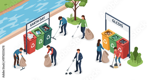 Isometric 3D illustration showing people participating in a community cleanup event in a park next to a river, collecting trash and recycling on Earth Day, rendered in a clean, bright style