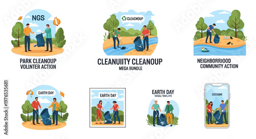 Isometric 3D illustrations depict a community cleanup event with people gathering trash in a park, near a beach, and by a river for Earth Day, designed in vector format with a clean