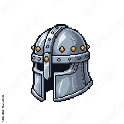 This vector features a detailed pixel art illustration of a sturdy medieval knight's helmet, complete with metallic plating and golden studs.
