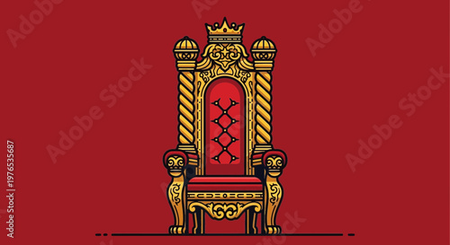 Ornate Golden Royal Throne with Crown on Red Background