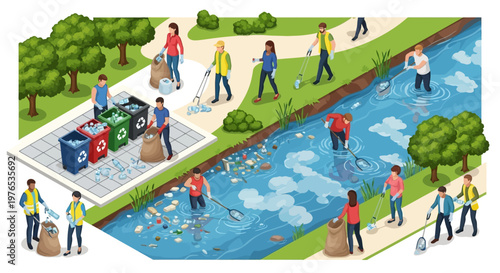 Isometric 3D illustration showing a community of people participating in an Earth Day cleanup event at a park and river scene, removing trash and debris in a green and eco-friendly design