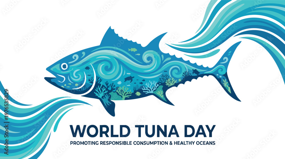 Obraz premium Tuna Silhouette Filled with Ocean Textures on White Canvas