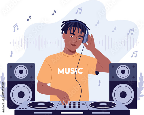 Male DJ Playing Electronic Music on Turntables with Musical Notes Background