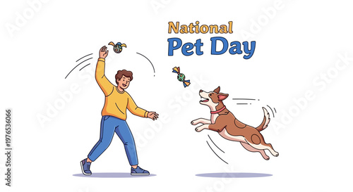 On National Pet Day, a joyful vector illustration shows a man throwing a toy for his leaping dog against a clean white backdrop, celebrating pet companionship and the pet lover lifestyle