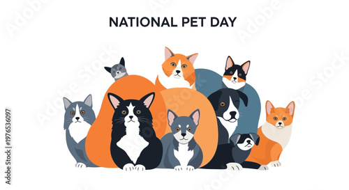 A cheerful vector illustration celebrates National Pet Day, featuring a group of adorable dogs and cats of various breeds and colors gathered closely together against a clean white