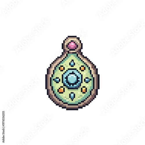 An intricate pixel art compass or amulet with a central blue gemstone, smaller gems, and golden frame, designed for a retro-style RPG.