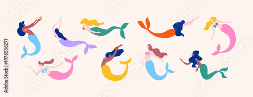 Diverse mermaid hand drawn illustration set. Colorful style sea mermaids cartoon graphic collection. Summer vacation element design.