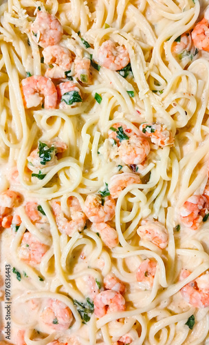 Macaroni made with fettuccine, a type of pasta popular in Roman and Tuscan cuisine, shrimp, and white sauce, in São Luís, MA, Brazil.