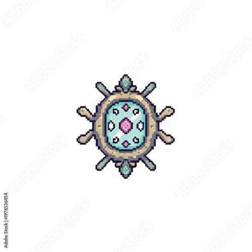 This pixel art vector illustration depicts a decorative ship's wheel with an oval central portal featuring reflective glass and pink accents.