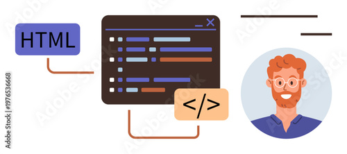 Web design, programming education, software development, coding profession, IT learning, digital skills. Interface with coding, HTML blocks and male developer. Web design and programming education