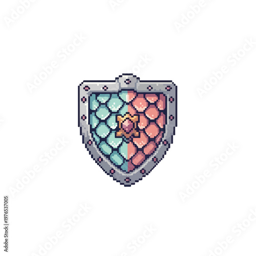 A retro pixel art shield with teal and salmon dragon scales, a studded metallic trim, and a central golden gemstone emblem for fantasy games.