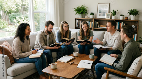 Diverse group of people studying Bible together in cozy living room, discussing faith