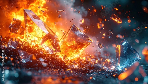 Crystalline forms explode with fiery energy, shards flying amid smoke
