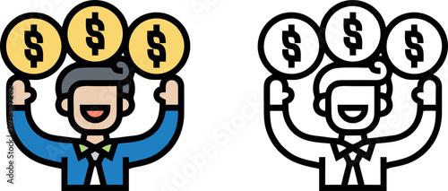 Successful businessman holding golden dollar coins illustration