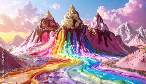 Whimsical landscape featuring mountains of ice cream, flowing rivers