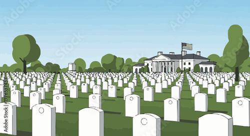 National military cemetery with rows of white headstones under a blue sky. Vector illustration for memorial concepts