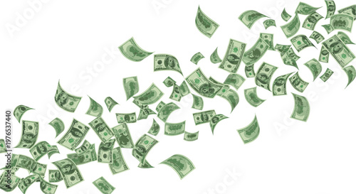 Flying US dollar bills falling from sky in a curved motion isolated on white background, realistic currency wind concept for financial success and wealth.