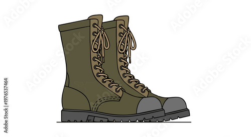 A pair of green military combat boots. Vector illustration of army footwear isolated on a white background