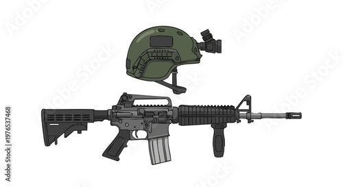 Modern combat rifle and tactical helmet vector illustration isolated on white background