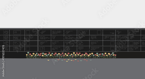 Vector illustration of a memorial wall with colorful tulips growing at its base