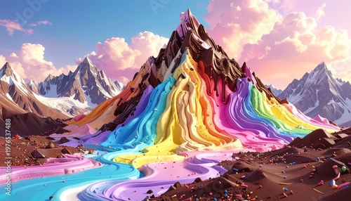 Fantasy mountain scene, rainbow colored creamy flows, snowy peaks, sunny sky