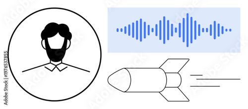 Sound s communication advances. The sound wave icon shows sound innovation. A rocket with a person highlights the human role in sound. Key technology, innovation, exploration, communication, space