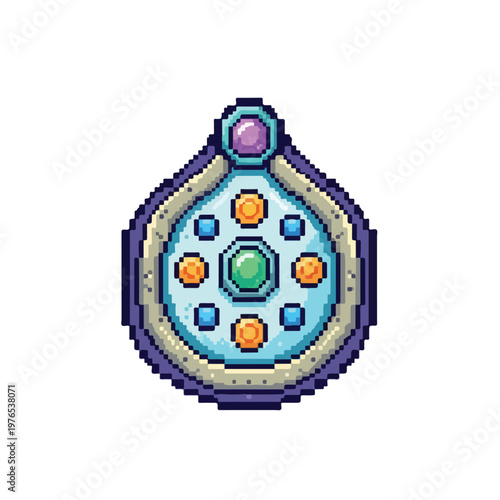 A vibrant pixel art illustration of a magical teardrop-shaped locket adorned with colorful gemstones and intricate circular patterns.