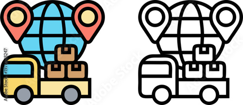 Global logistics delivery truck with world globe icon