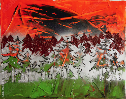 Peinture à l'huile d'une forêt boréale, Quebec, Canada.